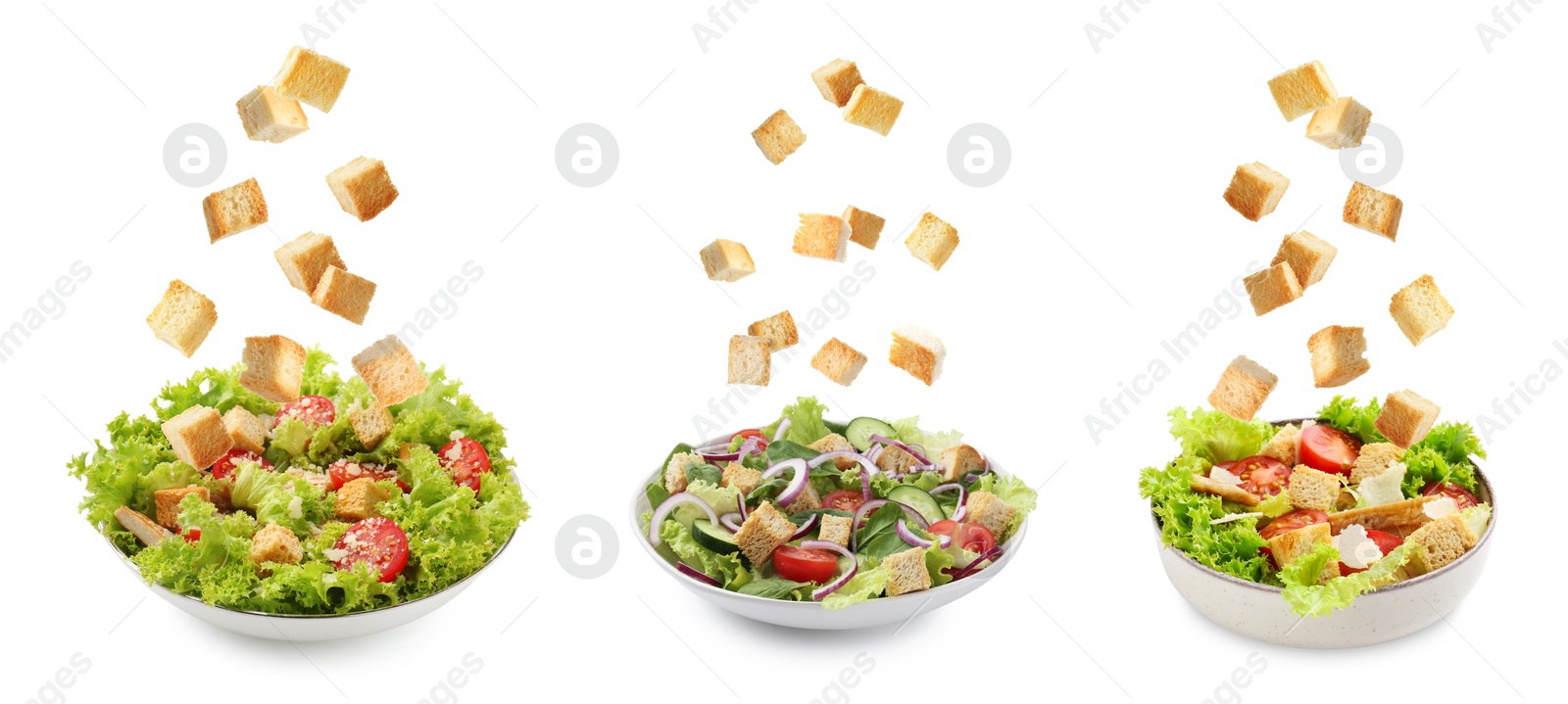 Image of Croutons falling into bowls of salads against white background, set