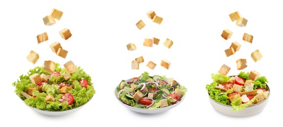 Image of Croutons falling into bowls of salads against white background, set
