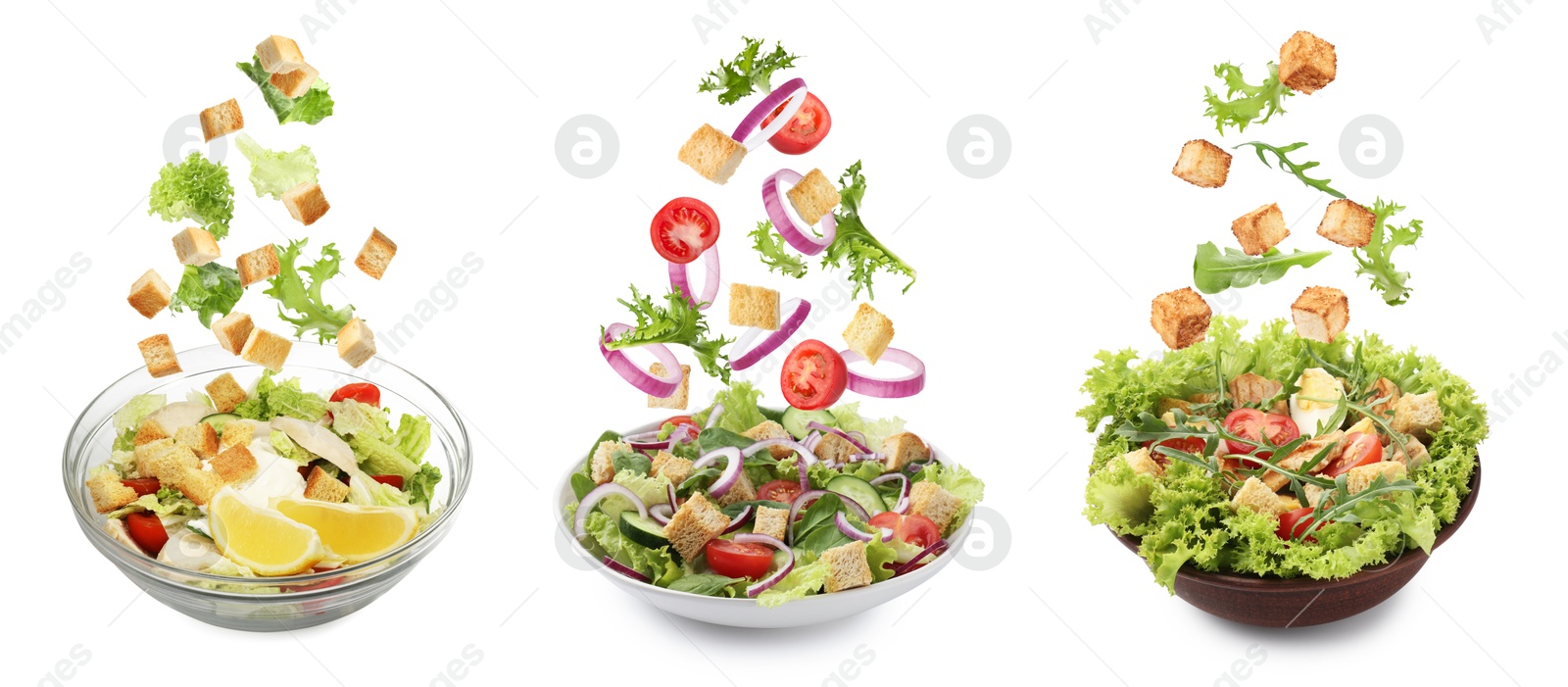 Image of Croutons and other ingredients falling into bowls of salads against white background, set