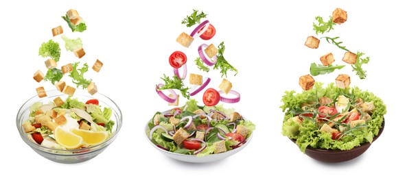 Image of Croutons and other ingredients falling into bowls of salads against white background, set