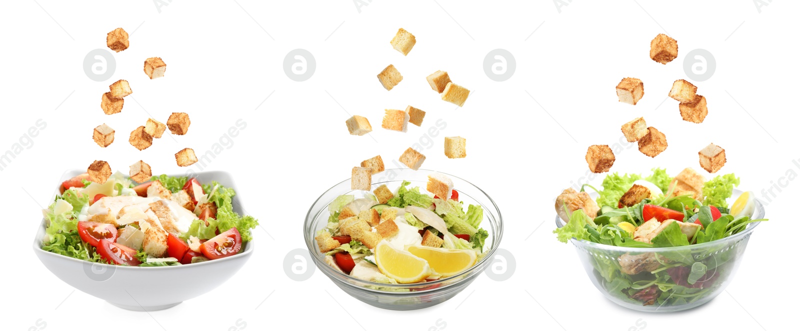 Image of Croutons falling into bowls of salads against white background, set