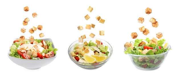 Image of Croutons falling into bowls of salads against white background, set