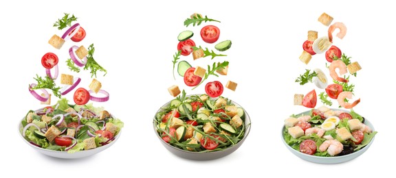 Image of Croutons and other ingredients falling into bowls of salads against white background, set