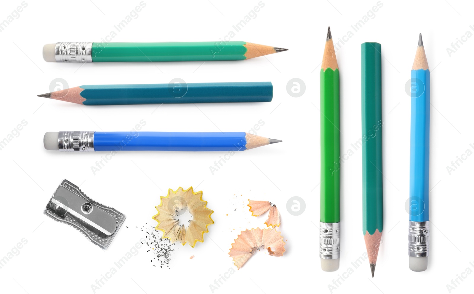 Image of Different pencils, shavings and sharpener isolated on white, set