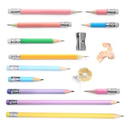 Image of Different pencils, shavings and sharpener isolated on white, set