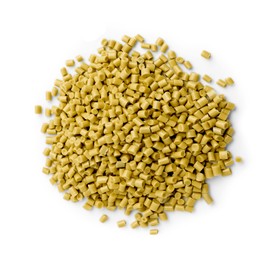 Image of Pile of yellow plastic granules isolated on white, top view