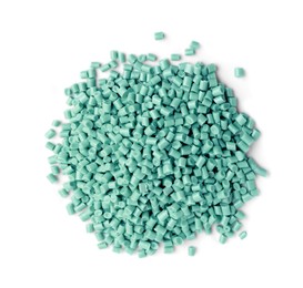 Image of Pile of turquoise plastic granules isolated on white, top view