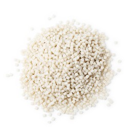 Image of Pile of white plastic granules isolated on white, top view