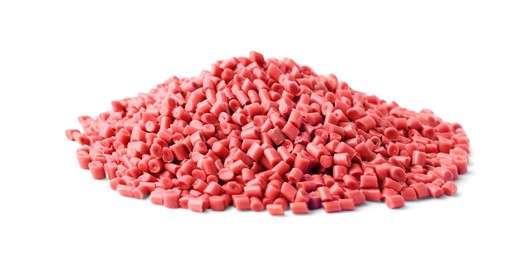 Image of Pile of red plastic granules isolated on white