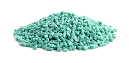 Image of Pile of turquoise plastic granules isolated on white