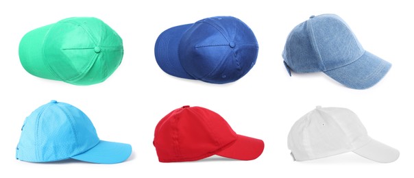 Image of Baseball caps in different colors isolated on white, set