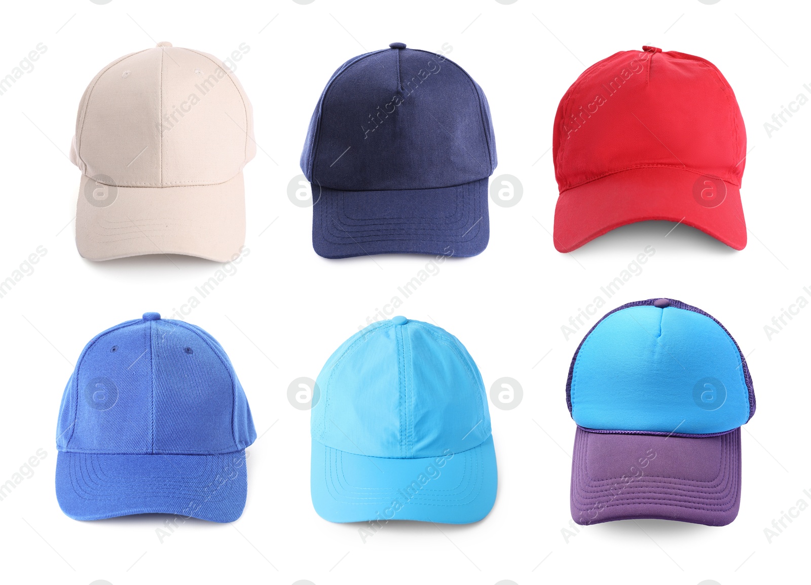 Image of Baseball caps in different colors isolated on white, set