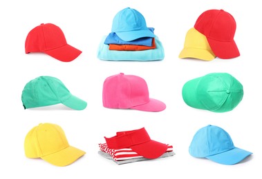 Image of Set with different baseball caps isolated on white