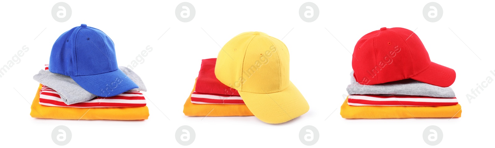Image of Baseball caps in different colors and clothes isolated on white, set