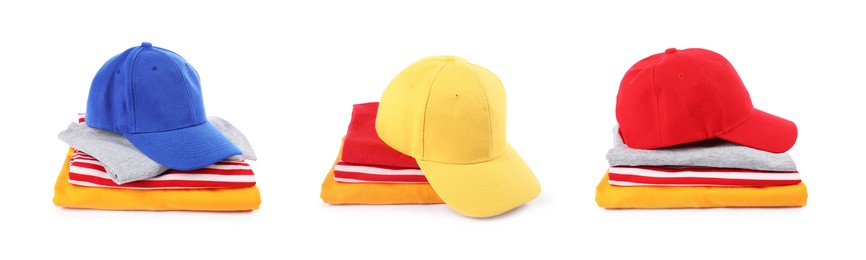 Image of Baseball caps in different colors and clothes isolated on white, set