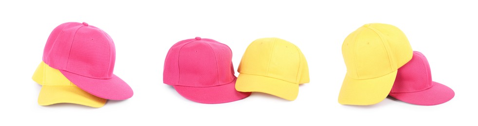 Image of Baseball caps in pink and yellow colors isolated on white, set