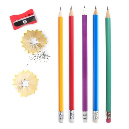 Image of Different pencils, shavings and sharpener isolated on white, set