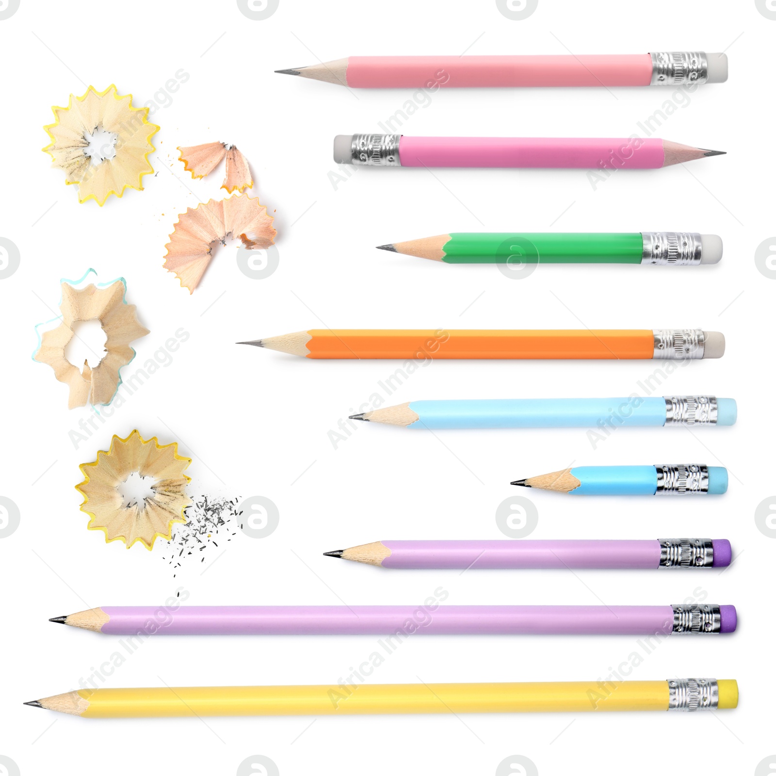Image of Different pencils and shavings isolated on white, set
