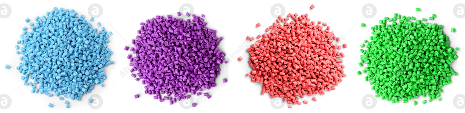 Plastic granules in different colors, top view. Piles on white background, set Image of Plastic granules in different colors, top view. Piles on white background, set