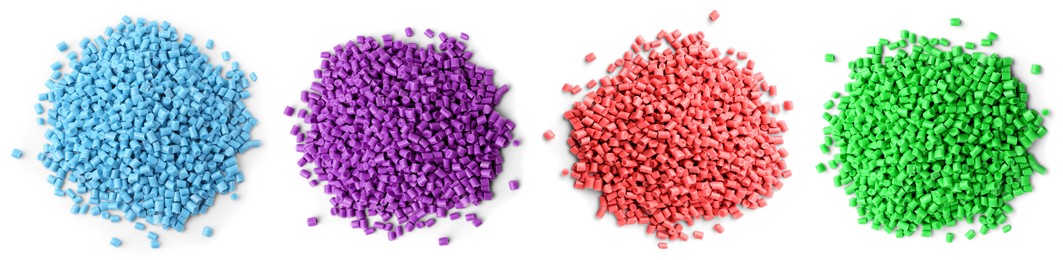 Image of Plastic granules in different colors, top view. Piles on white background, set