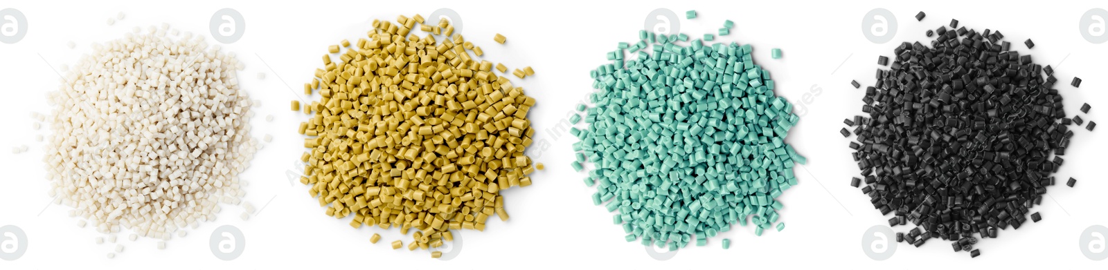 Plastic granules in different colors, top view. Piles on white background, set Image of Plastic granules in different colors, top view. Piles on white background, set