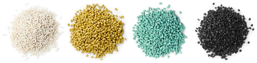 Image of Plastic granules in different colors, top view. Piles on white background, set