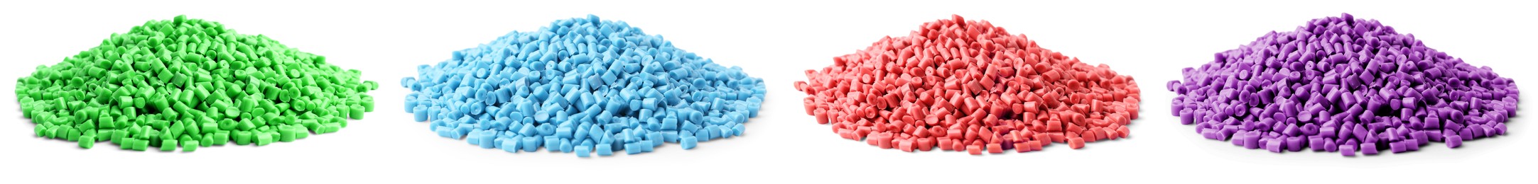 Image of Plastic granules in different colors. Piles on white background, set