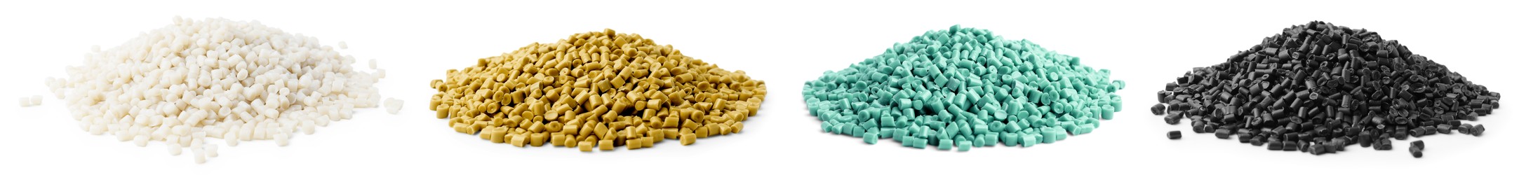 Image of Plastic granules in different colors. Piles on white background, set