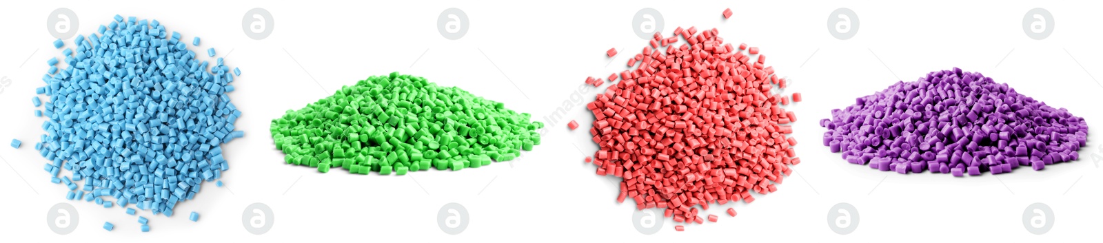 Plastic granules in different colors. Piles on white background, set Image of Plastic granules in different colors. Piles on white background, set