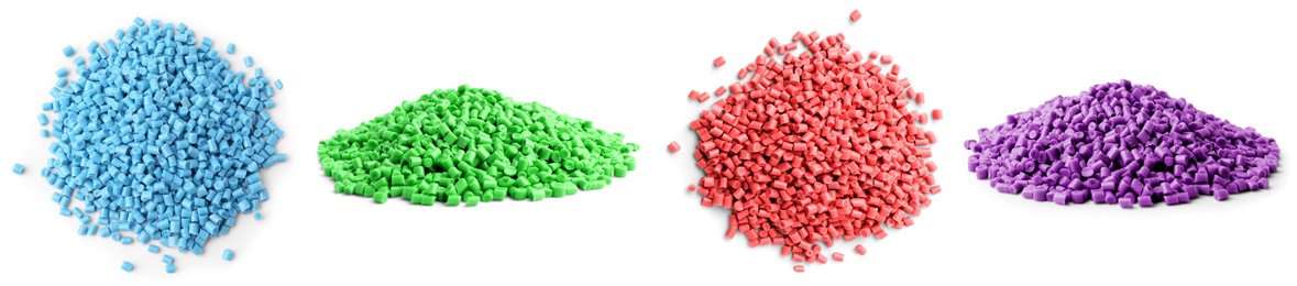 Image of Plastic granules in different colors. Piles on white background, set