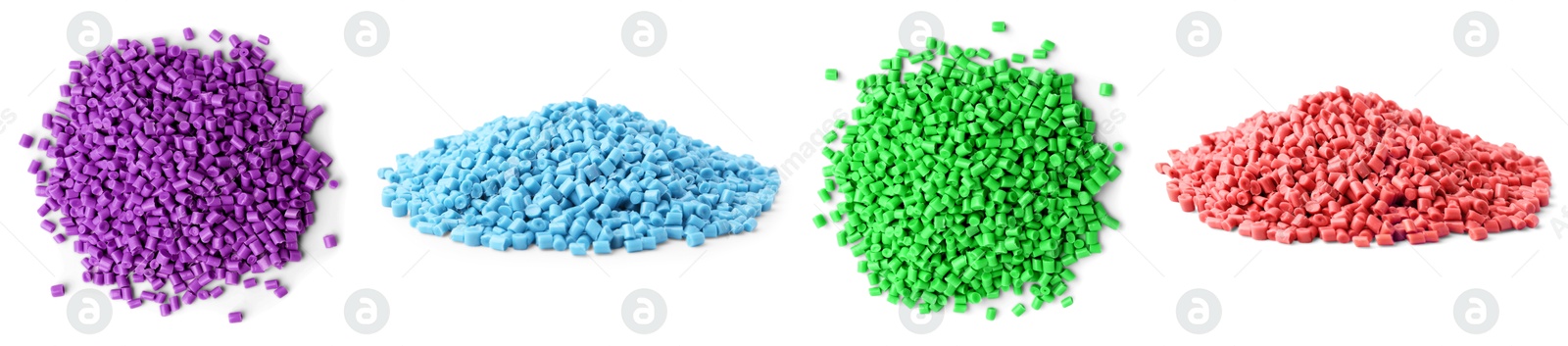 Plastic granules in different colors. Piles on white background, set Image of Plastic granules in different colors. Piles on white background, set