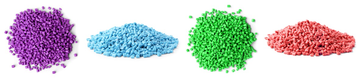 Image of Plastic granules in different colors. Piles on white background, set