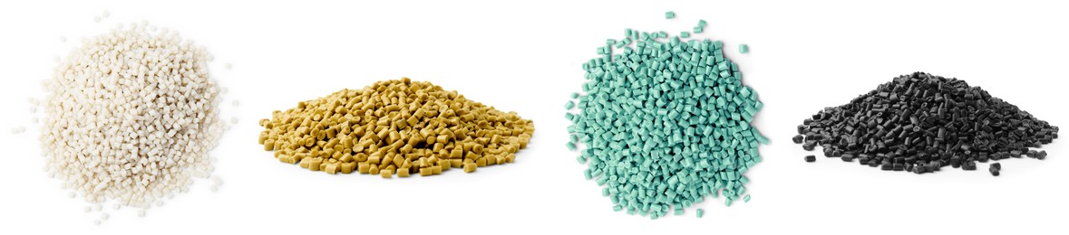 Image of Plastic granules in different colors. Piles on white background, set