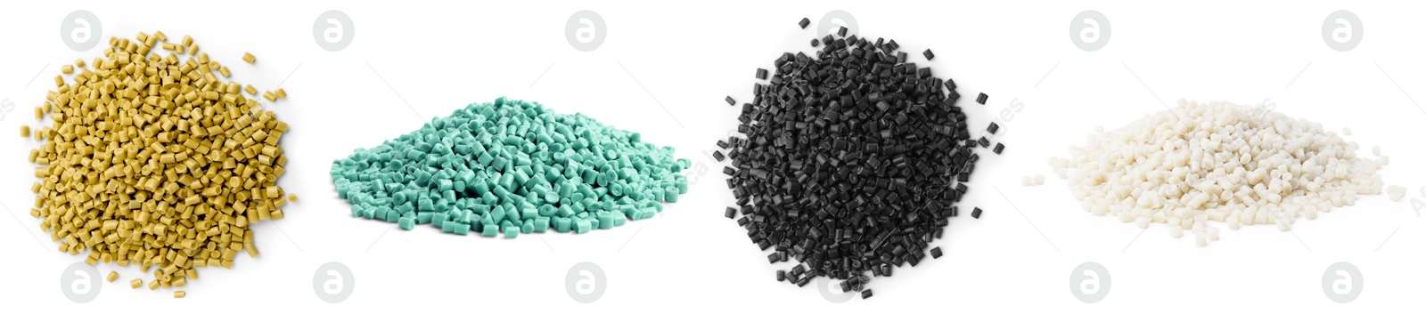 Plastic granules in different colors. Piles on white background, set Image of Plastic granules in different colors. Piles on white background, set