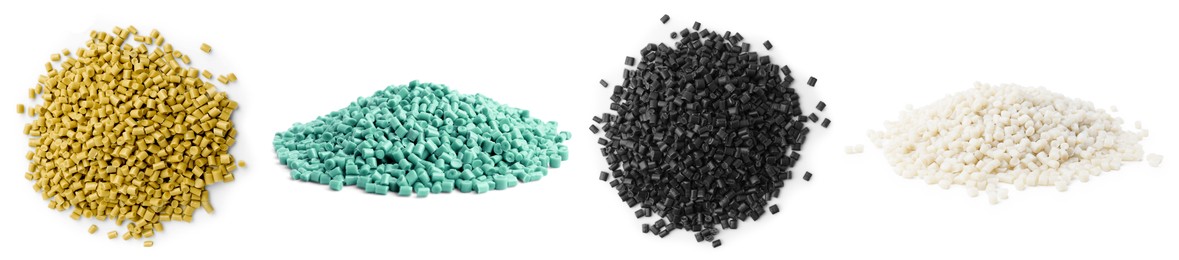 Image of Plastic granules in different colors. Piles on white background, set