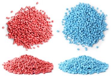 Image of Plastic granules in different colors, top and side view. Piles on white background, set