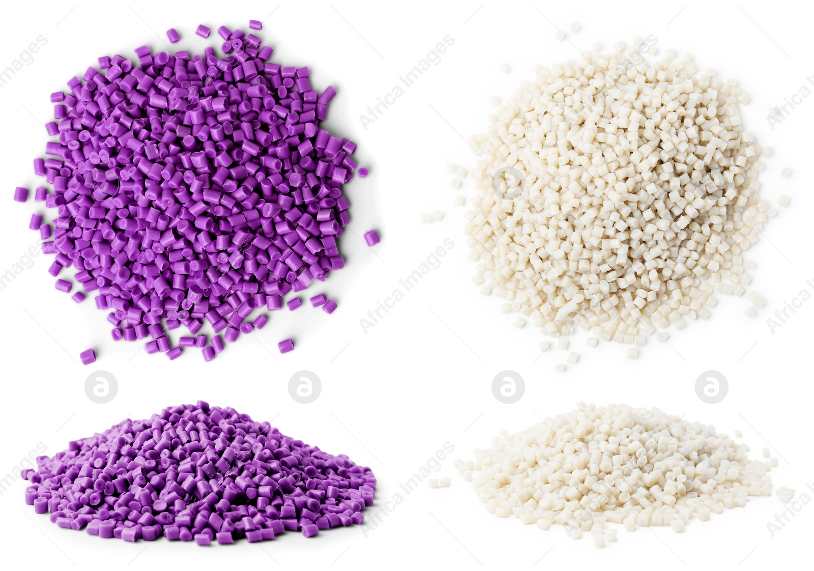 Plastic granules in different colors, top and side view. Piles on white background, set Image of Plastic granules in different colors, top and side view. Piles on white background, set