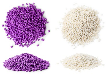 Image of Plastic granules in different colors, top and side view. Piles on white background, set