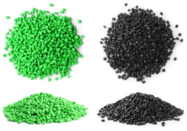 Image of Plastic granules in different colors, top and side view. Piles on white background, set
