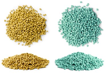 Image of Plastic granules in different colors, top and side view. Piles on white background, set
