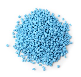 Image of Pile of light blue plastic granules isolated on white, top view