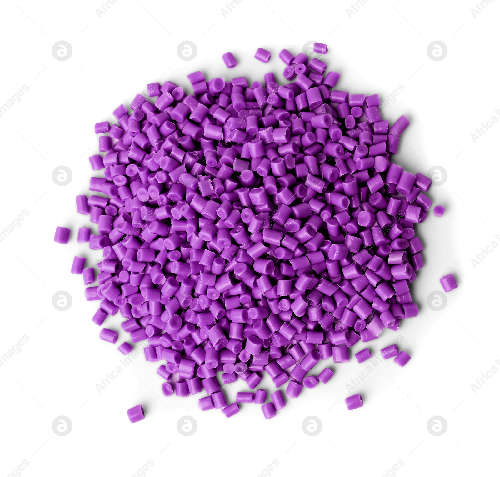 Image of Pile of purple plastic granules isolated on white, top view
