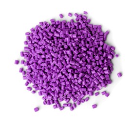 Image of Pile of purple plastic granules isolated on white, top view