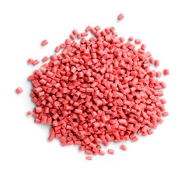 Image of Pile of red plastic granules isolated on white, top view