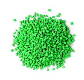 Image of Pile of green plastic granules isolated on white, top view