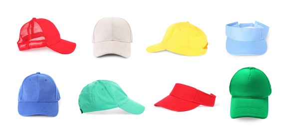 Image of Baseball and visor caps in different colors isolated on white, set