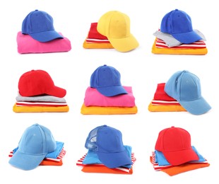 Image of Baseball caps in different colors and clothes isolated on white, set