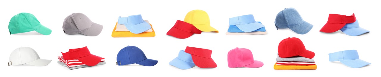Image of Baseball and visor caps in different colors isolated on white, set