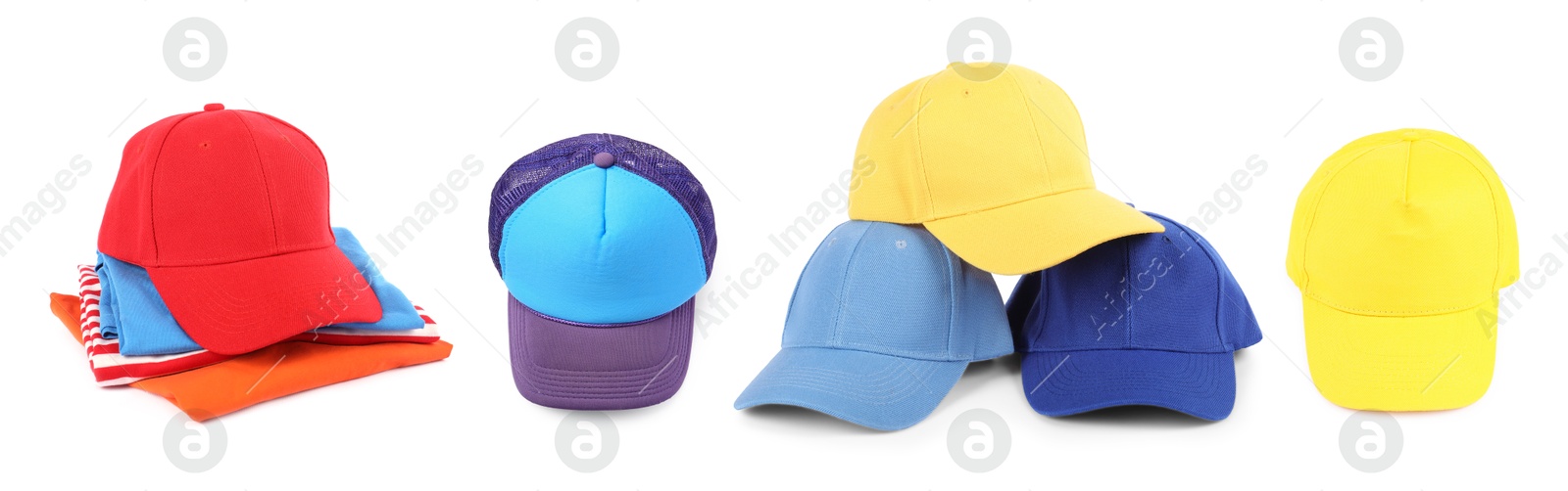 Baseball caps in different colors isolated on white, set Image of Baseball caps in different colors isolated on white, set