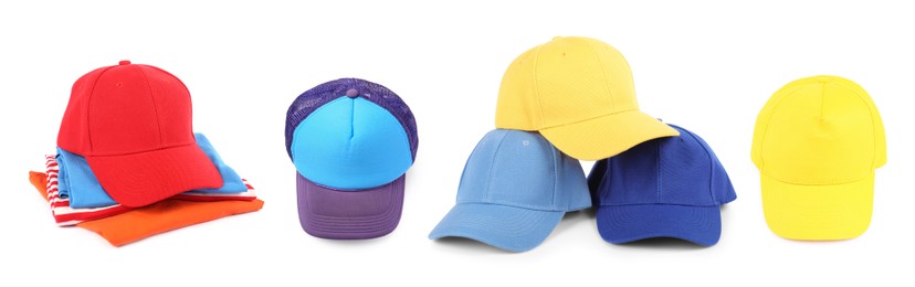 Image of Baseball caps in different colors isolated on white, set